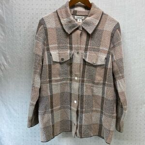 Rachel Zoe Womens Shacket Jacket Soft Eyelash Knit Blazer Plaid Neutral Blush 1X